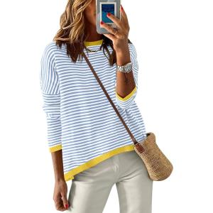 image:imageANRABESS Womens Striped Sweaters Long Sleeve Top Crewneck Color Block Casual Loose Knitted Pullover Shirts 2025 Fall OutfitsBlue White Yellow