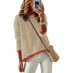 image:imageANRABESS Womens Striped Sweaters Long Sleeve Top Crewneck Color Block Casual Loose Knitted Pullover Shirts 2025 Fall OutfitsBrown White Orange