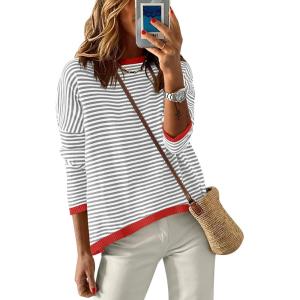image:imageANRABESS Womens Striped Sweaters Long Sleeve Top Crewneck Color Block Casual Loose Knitted Pullover Shirts 2025 Fall OutfitsGrey White Orange