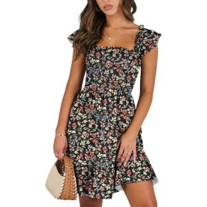 image:imageANRABESS Womens Summer Casual Sleeveless Square Neck Dress 2026 Smocked Ruffle Backless Boho Beach Cute Teen Short SundressFloral Colorful Black