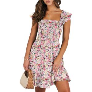 image:imageANRABESS Womens Summer Casual Sleeveless Square Neck Dress 2026 Smocked Ruffle Backless Boho Beach Cute Teen Short SundressPrint Floral