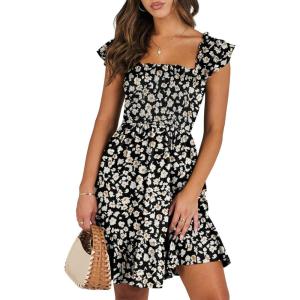 image:imageANRABESS Womens Summer Casual Sleeveless Square Neck Dress 2026 Smocked Ruffle Backless Boho Beach Cute Teen Short SundressPrint Floral Black