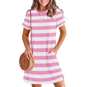 image:imageANRABESS Womens Summer Casual T Shirt Dresses Short Sleeve Crewneck Striped Mini Shift Dress 2026 Beach Vacation OutfitsPink White Stripe