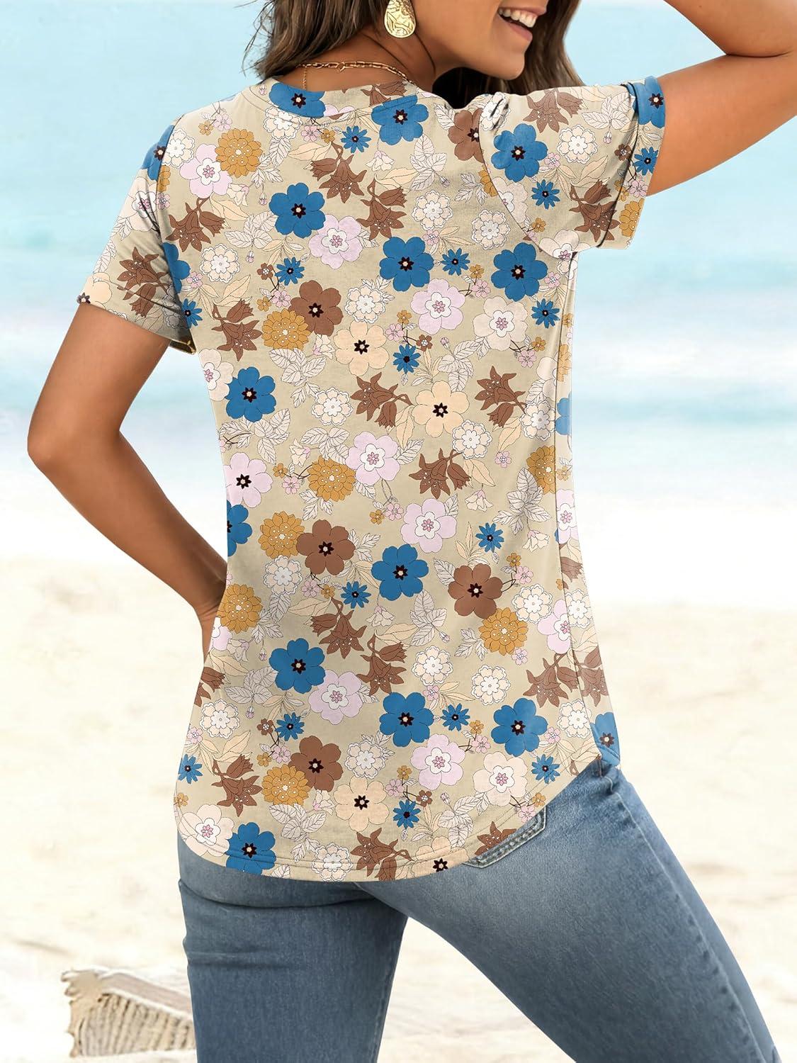 image:imageANRABESS Womens Short Sleeve V Neck Tops Summer Casual TShirts Blouses 2026 Spring Trendy Beach Vacation ClothesYellow Multicolored Floral