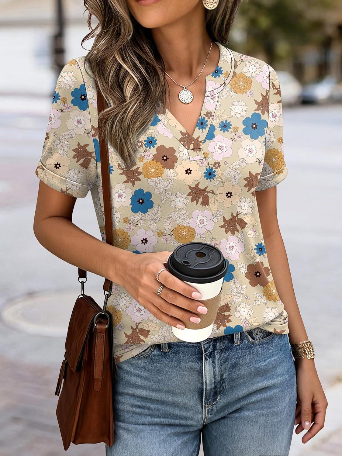 image:imageANRABESS Womens Short Sleeve V Neck Tops Summer Casual TShirts Blouses 2026 Spring Trendy Beach Vacation ClothesYellow Multicolored Floral