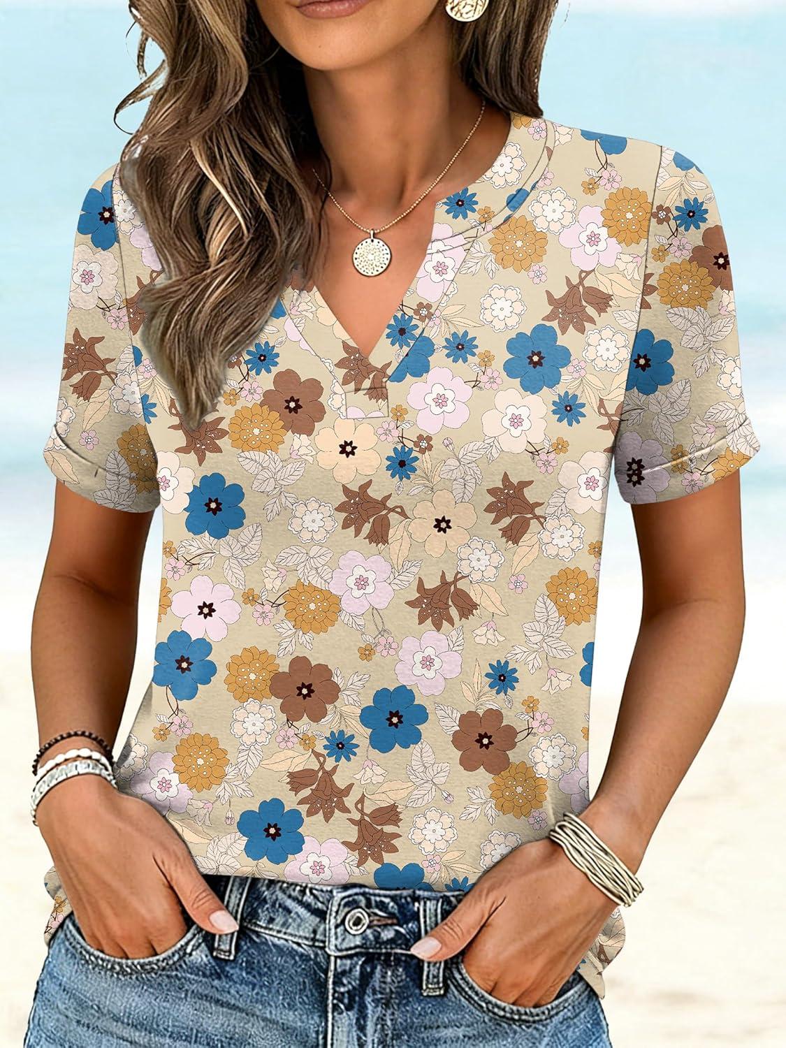 image:imageANRABESS Womens Short Sleeve V Neck Tops Summer Casual TShirts Blouses 2026 Spring Trendy Beach Vacation ClothesYellow Multicolored Floral