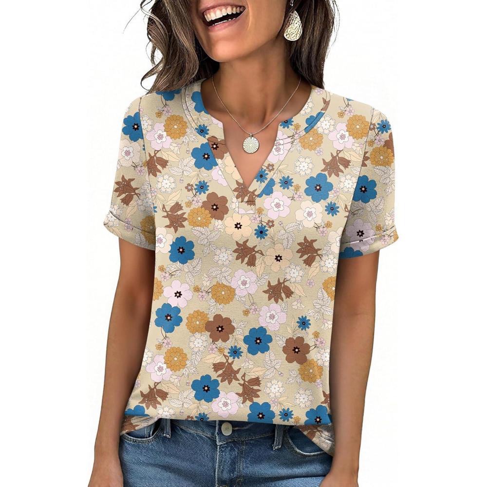 image:imageANRABESS Womens Short Sleeve V Neck Tops Summer Casual TShirts Blouses 2026 Spring Trendy Beach Vacation ClothesYellow Multicolored Floral