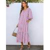 image:imageANRABESS Boho Maxi Dresses for Women Summer Puff Sleeve V Neck Flowy Long Casual Dress with Pockets 2026 Vacation ClothesLeaves Hot Pink