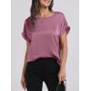 image:imageANRABESS Womens Summer Dressy Casual Short Sleeve Shirts Crewneck Satin 2026 Business Office Work Blouse TopsPink Purple
