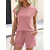image:imageANRABESS Womens Waffle Knit 2 Piece Short Sets Cap Sleeve Summer 2026 Matching Lounge Outfits Travel Beach Vacation SweatsuitPink