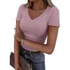 image:imageANRABESS Women Short Sleeve V Neck Ribbed Knit Fitted Shirts Basic Tees Tops 2026 Summer Casual TShirts Going Out OutfitsGrey Pink