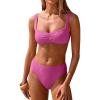 image:imageANRABESS Womens Bikini Sets Two Piece Swimsuit Ribbed Front Ruched Mid Waisted Bathing Suit Color Block 2026 Beach Swimwear Hot Pink L