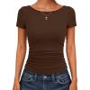 image:imageANRABESS Womens Cap Sleeve Boat Neck Ruched Crop Top Soft Ribbed Slim Fitted Tee Going Out Casual Shirt for SummerCoffee