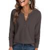 image:imageANRABESS Womens Long Sleeve Waffle Knit Shirts Dressy Casual Loose Button Up V Neck Henley Tops 2026 Fall Basic Tee BlouseLight Brown