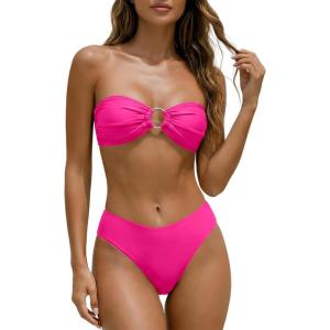 image:imageANRABESS Bikini Sets for Women Bandeau O Ring 2 Piece Swimsuit Floral Halter Tie Back Bathing Suit 2026 Summer Beach SwimwearHot Pink