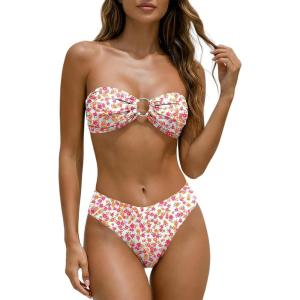 image:imageANRABESS Bikini Sets for Women Bandeau O Ring 2 Piece Swimsuit Floral Halter Tie Back Bathing Suit 2026 Summer Beach SwimwearHot Pink Orange Floral