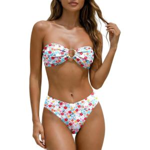 image:imageANRABESS Bikini Sets for Women Bandeau O Ring 2 Piece Swimsuit Floral Halter Tie Back Bathing Suit 2026 Summer Beach SwimwearRed Blue Floral