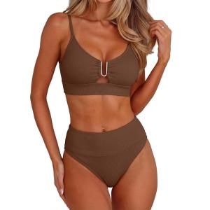 image:imageANRABESS Bikini Sets for Women Summer High Waisted 2 Piece Bathing Suit Ribbed UWire Cutout Swimsuit Beach Vacation 2026Brown