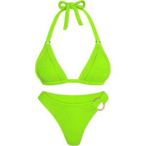 image:imageANRABESS Bikini Sets for Women Triangle Two Piece Halter Bathing Suit 2026 Summer Beach Vacation Strap Thong Sexy SwimsuitNeon Green
