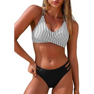 image:imageANRABESS Bikini Sets for Women V Neck Criss Cross Two Piece Swimsuit Sexy Cutout Bathing Suit 2026 Beach Vacation SwimwearStripe Black