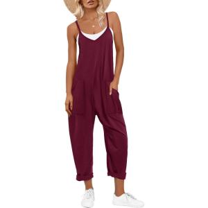 image:imageANRABESS Jumpsuits for Women Casual Summer Overalls Sleeveless Spaghetti Strap Romper Jumpers Trendy Beach Vacation OutfitsBurgundy