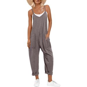 image:imageANRABESS Jumpsuits for Women Casual Summer Overalls Sleeveless Spaghetti Strap Romper Jumpers Trendy Beach Vacation OutfitsGray Taupe