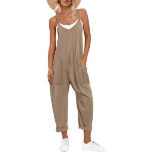 image:imageANRABESS Jumpsuits for Women Casual Summer Overalls Sleeveless Spaghetti Strap Romper Jumpers Trendy Beach Vacation OutfitsLight Brown  Khaki