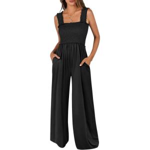 image:imageANRABESS Jumpsuits for Women Dressy Casual Smocked Sleeveless Wide Leg Longe Rompers One Piece 2026 Summer Vacation OutfitsBlack