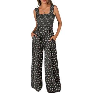 image:imageANRABESS Jumpsuits for Women Dressy Casual Smocked Sleeveless Wide Leg Longe Rompers One Piece 2026 Summer Vacation OutfitsBlack Floral
