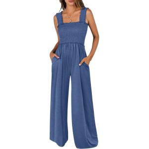 image:imageANRABESS Jumpsuits for Women Dressy Casual Smocked Sleeveless Wide Leg Longe Rompers One Piece 2026 Summer Vacation OutfitsBlue