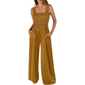 image:imageANRABESS Jumpsuits for Women Dressy Casual Smocked Sleeveless Wide Leg Longe Rompers One Piece 2026 Summer Vacation OutfitsBrownish Yellow