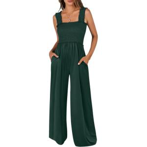 image:imageANRABESS Jumpsuits for Women Dressy Casual Smocked Sleeveless Wide Leg Longe Rompers One Piece 2026 Summer Vacation OutfitsDeep Green