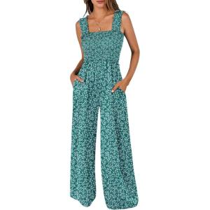 image:imageANRABESS Jumpsuits for Women Dressy Casual Smocked Sleeveless Wide Leg Longe Rompers One Piece 2026 Summer Vacation OutfitsDeep Green Floral