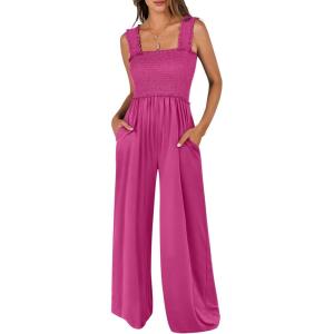 image:imageANRABESS Jumpsuits for Women Dressy Casual Smocked Sleeveless Wide Leg Longe Rompers One Piece 2026 Summer Vacation OutfitsHot Pink