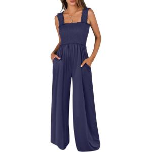 image:imageANRABESS Jumpsuits for Women Dressy Casual Smocked Sleeveless Wide Leg Longe Rompers One Piece 2026 Summer Vacation OutfitsNavy Blue