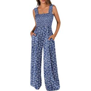 image:imageANRABESS Jumpsuits for Women Dressy Casual Smocked Sleeveless Wide Leg Longe Rompers One Piece 2026 Summer Vacation OutfitsNavy Floral