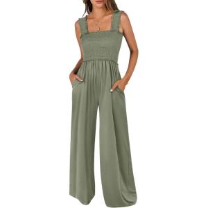 image:imageANRABESS Jumpsuits for Women Dressy Casual Smocked Sleeveless Wide Leg Longe Rompers One Piece 2026 Summer Vacation OutfitsOlive