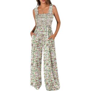 image:imageANRABESS Jumpsuits for Women Dressy Casual Smocked Sleeveless Wide Leg Longe Rompers One Piece 2026 Summer Vacation OutfitsPink Yellow Floral