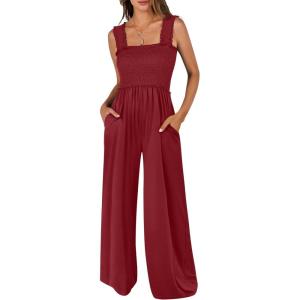 image:imageANRABESS Jumpsuits for Women Dressy Casual Smocked Sleeveless Wide Leg Longe Rompers One Piece 2026 Summer Vacation OutfitsWine Red