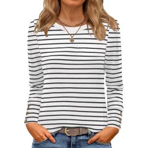 image:imageANRABESS Long Sleeve Shirts for Women Crewneck Basic Tee Striped Tops 2025 Fall Casual Loose Fit T Shirts Fashion OutfitsBlackwhite Stripe