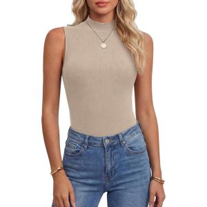 image:imageANRABESS Mock Neck Tank Tops for Women Ribbed Knit Sleeveless Top Slim Fit 2026 Summer Casual Basic Layer ShirtsBeige