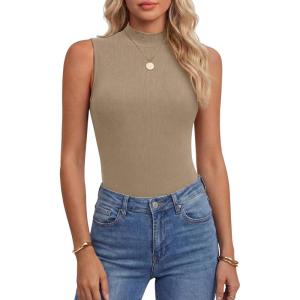 image:imageANRABESS Mock Neck Tank Tops for Women Ribbed Knit Sleeveless Top Slim Fit 2026 Summer Casual Basic Layer ShirtsLight Khaki