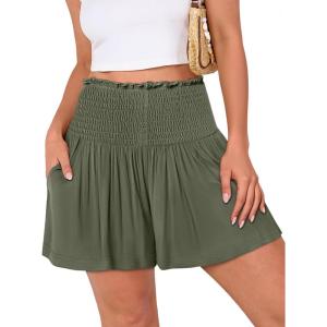 image:imageANRABESS Shorts for Women Summer Casual High Smocked Waist Wide Leg Lounge Comfy Baggy Shorts 2026 Beach Vacation ClothesArmy Green