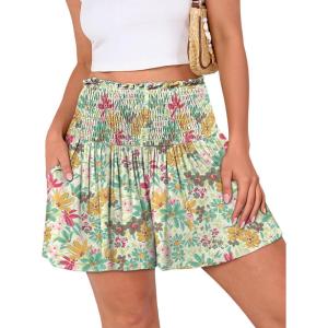 image:imageANRABESS Shorts for Women Summer Casual High Smocked Waist Wide Leg Lounge Comfy Baggy Shorts 2026 Beach Vacation ClothesCrayon Multicolored Floral