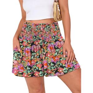 image:imageANRABESS Shorts for Women Summer Casual High Smocked Waist Wide Leg Lounge Comfy Baggy Shorts 2026 Beach Vacation ClothesFloral Black Red