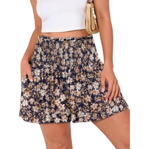 image:imageANRABESS Shorts for Women Summer Casual High Smocked Waist Wide Leg Lounge Comfy Baggy Shorts 2026 Beach Vacation ClothesFloral Navy Blue Pink