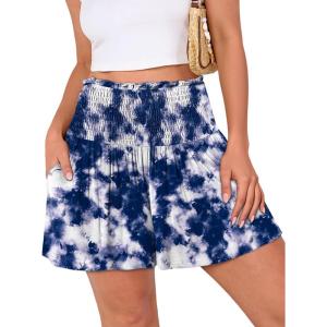 image:imageANRABESS Shorts for Women Summer Casual High Smocked Waist Wide Leg Lounge Comfy Baggy Shorts 2026 Beach Vacation ClothesPrint Blue Black