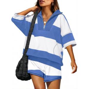 image:imageANRABESS Striped Short Sets for Women 2 Piece Outfits Summer Casual Oversized Workout Athletisure Travel Lounge Matching SetsBlue White