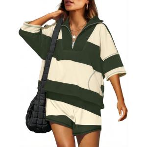 image:imageANRABESS Striped Short Sets for Women 2 Piece Outfits Summer Casual Oversized Workout Athletisure Travel Lounge Matching SetsGreen Light Yellow