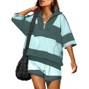 image:imageANRABESS Striped Short Sets for Women 2 Piece Outfits Summer Casual Oversized Workout Athletisure Travel Lounge Matching SetsGreen Mixed